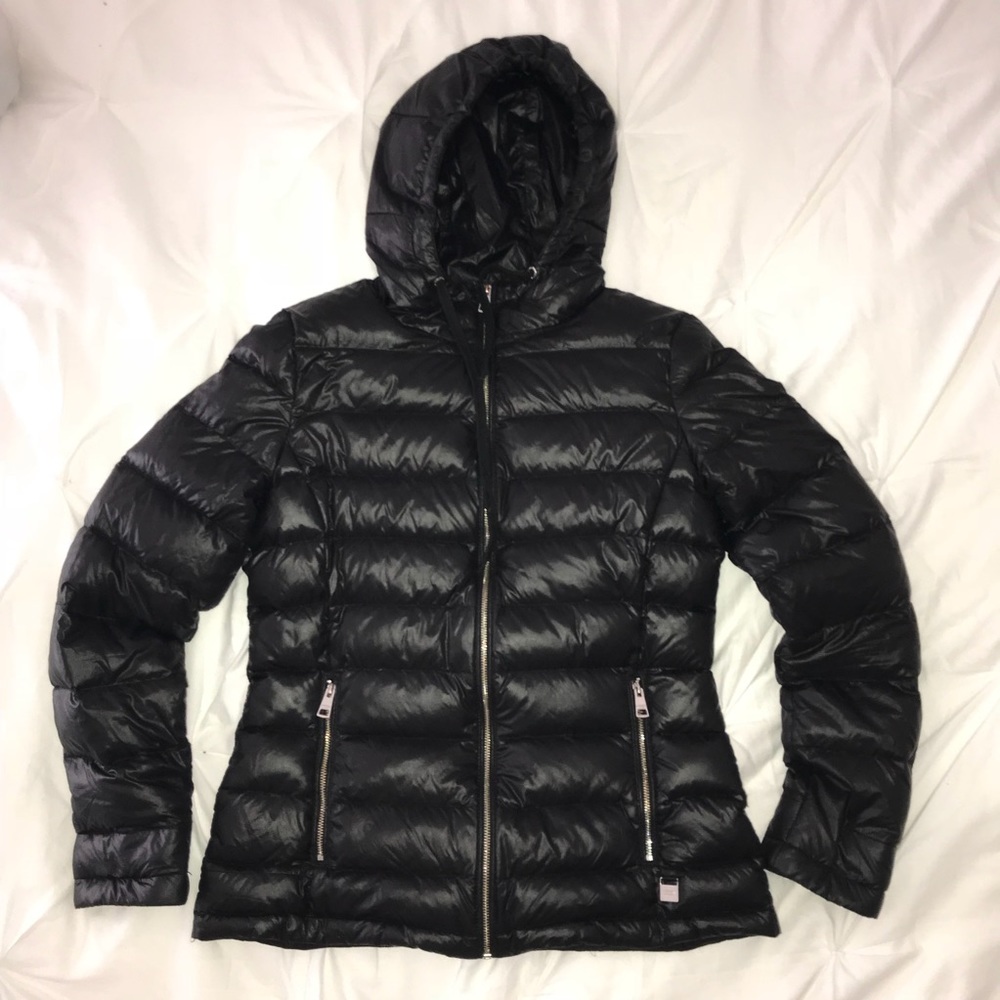 Andrew Marc Black Packable Lightweight Premium Down Puffer Coat Hooded Jacket XS